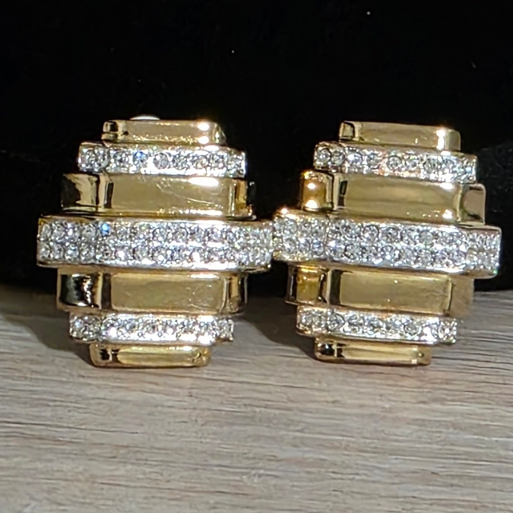 VTG 80s Gold Tone Art Deco Tiered Crystal Clip On Earrings Geometric